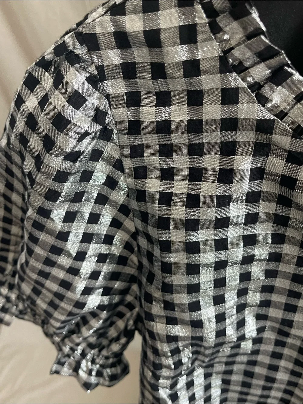 J.Crew Factory Shiny Gingham Puff Sleeve Top Black Silver Lurex M